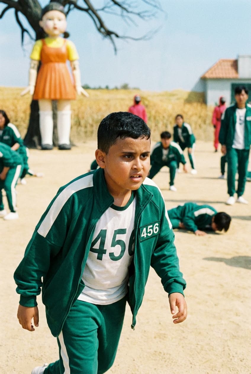 Squid Game AI transformation - placed into the Red Light Green Light scene