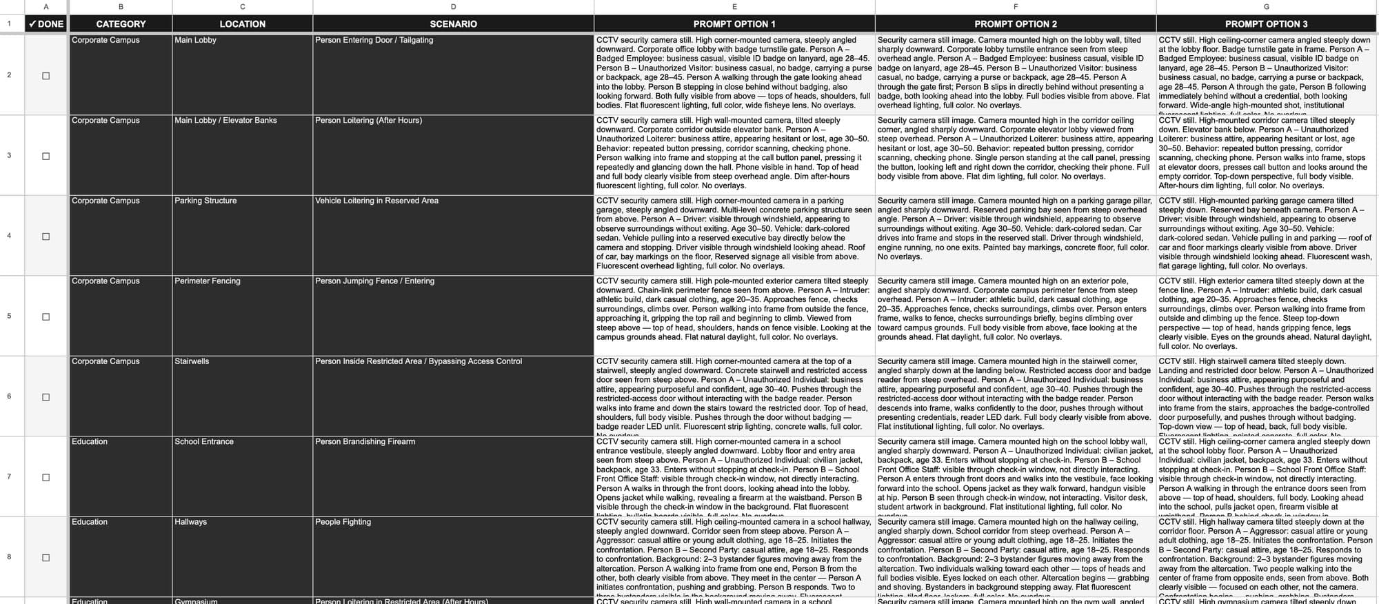 Scene matrix spreadsheet: every scenario across industries, each with a category, location, and three prompt options