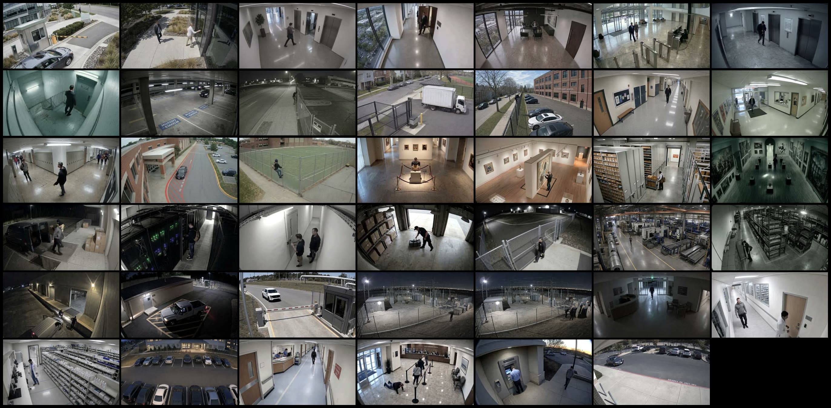 Synthetic Surveillance: every generated camera feed, one mid-frame each, tiled like a security operations video wall