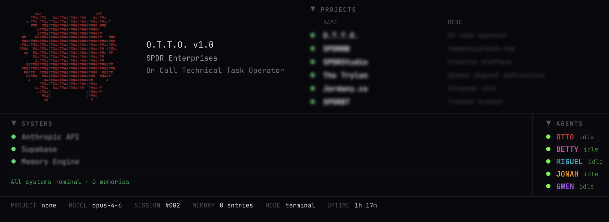 O.T.T.O. - Persistent AI system dashboard with projects, systems, and agents