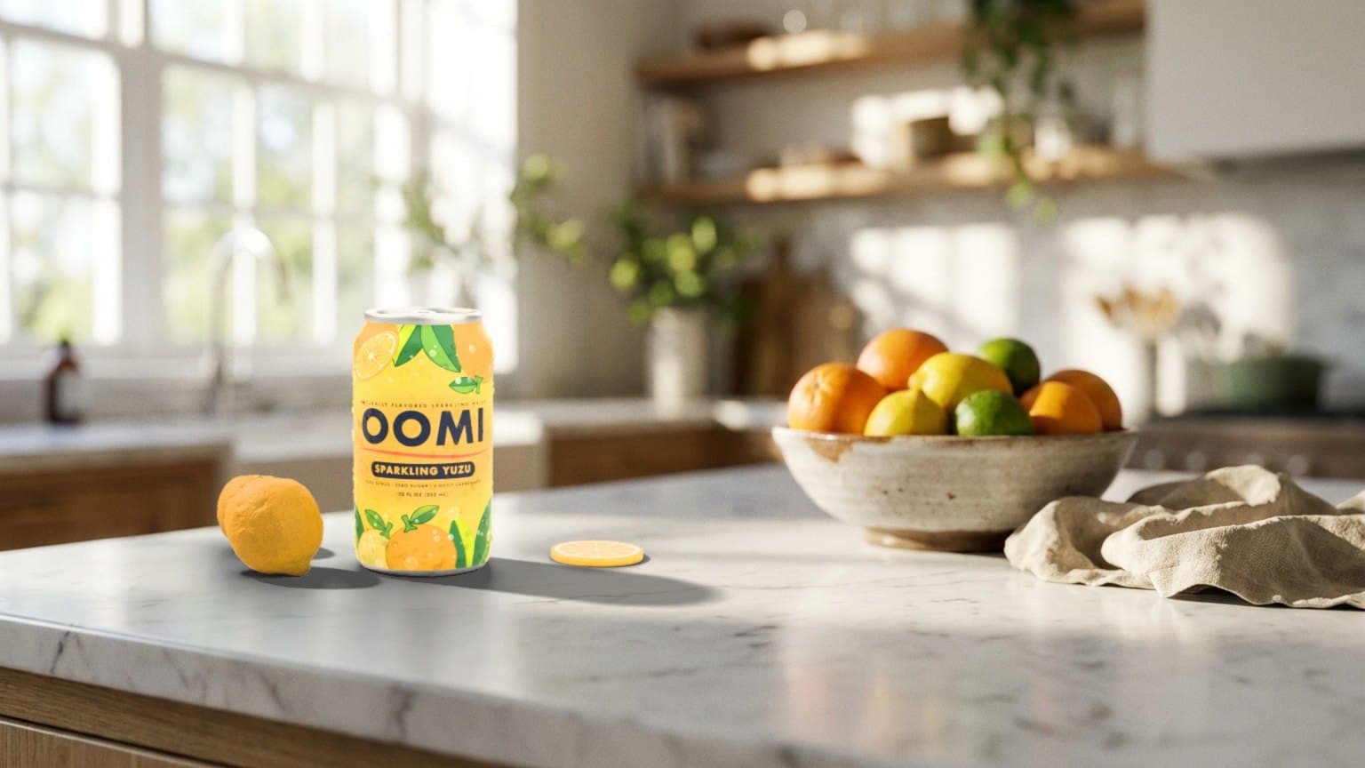 OOMI Sparkling Yuzu can rendered by the pipeline on a marble kitchen island plate