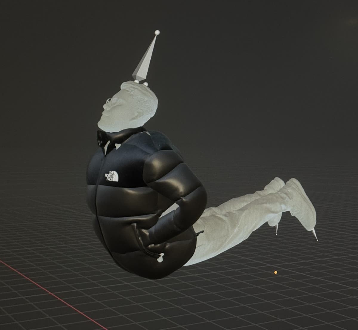 3D model of the pigeon wearing a black North Face puffer jacket in Blender viewport