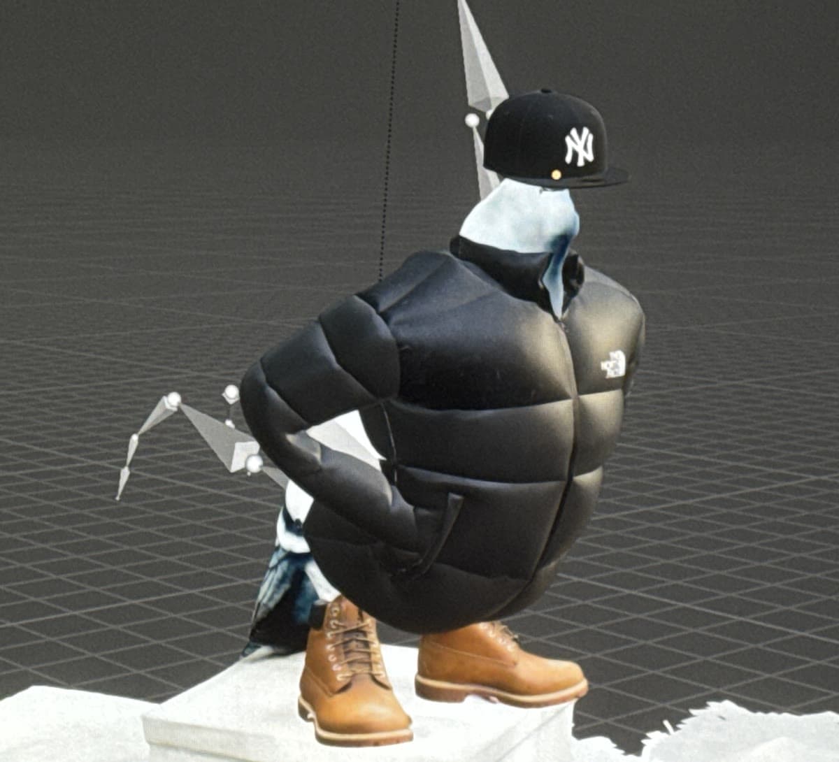 3D scan of the pigeon from behind, wearing full NYC outfit - North Face puffer, Yankees cap, Timberland boots
