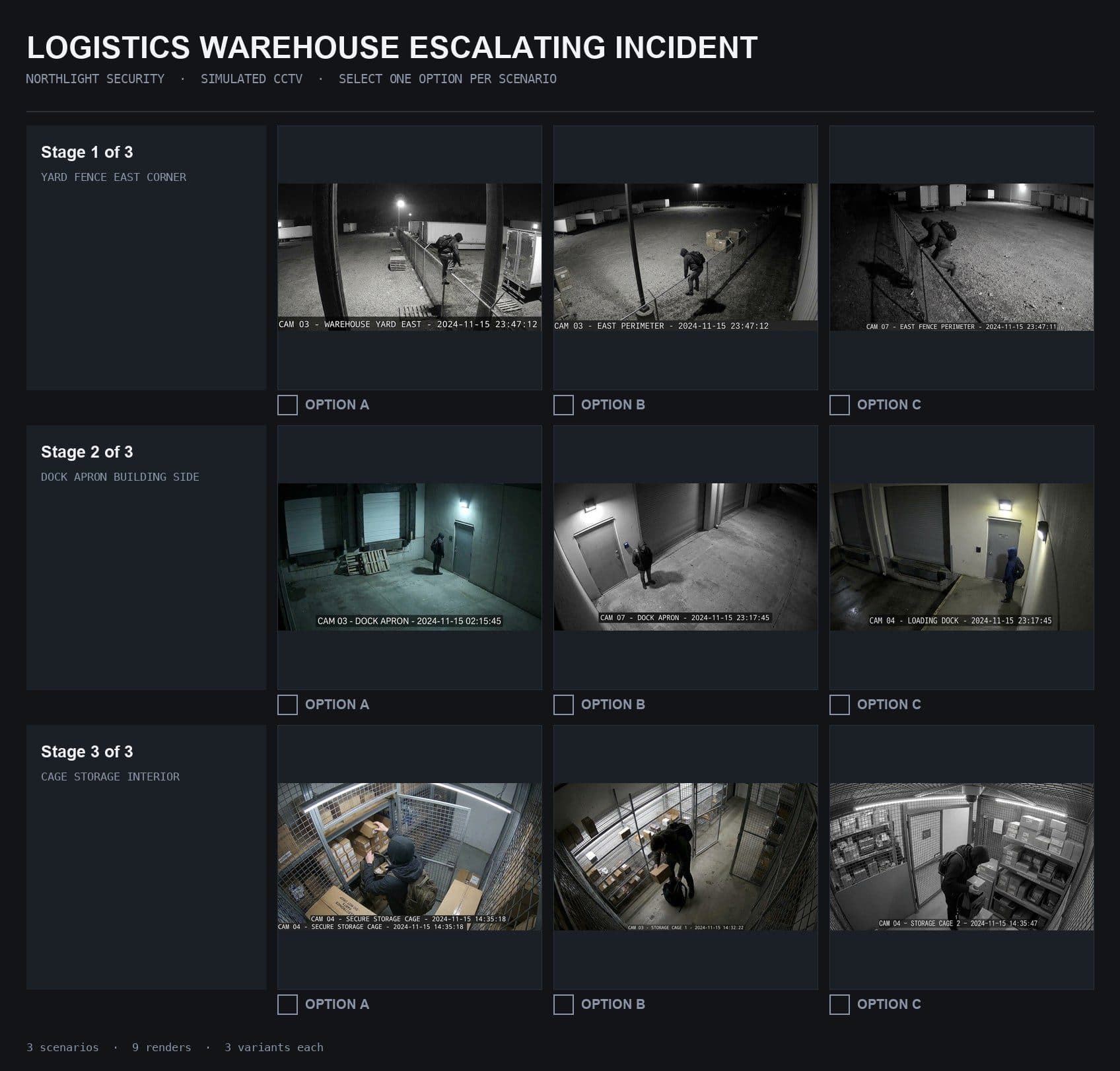 Northlight contact sheet: three-stage warehouse incident, three options per stage