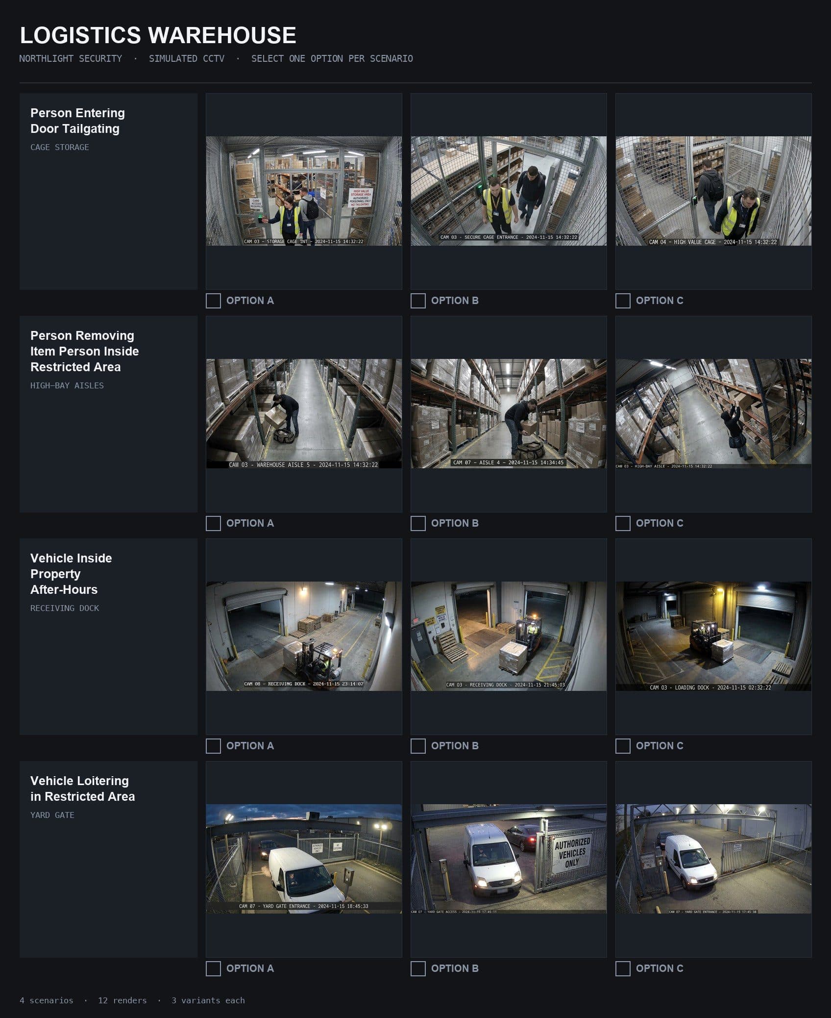 Northlight contact sheet: logistics warehouse, four cameras