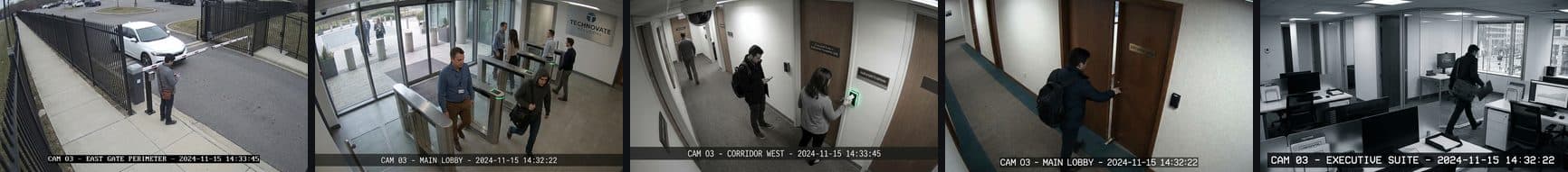 The five-camera Planned Breach as one strip under one DVR clock