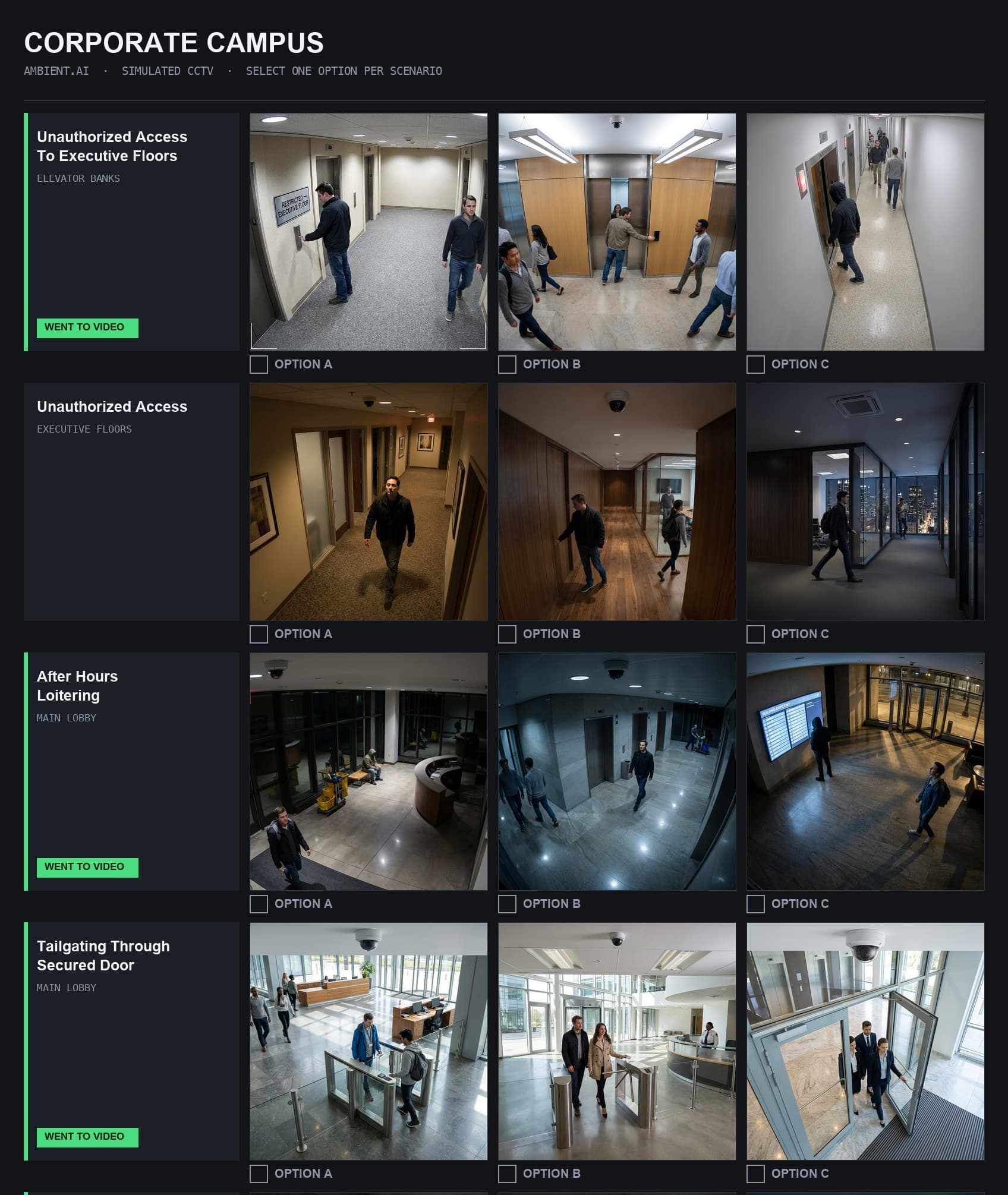 Corporate campus contact sheet, three options per scene, shipped rows marked
