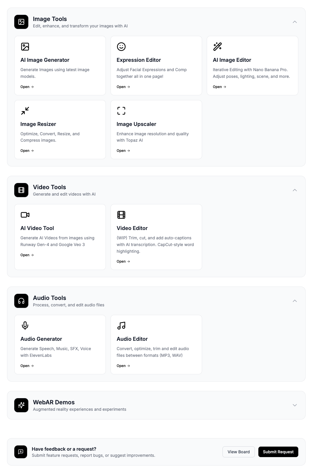 Generative Tools dashboard — Image Tools, Video Tools, Audio Tools, WebAR Demos