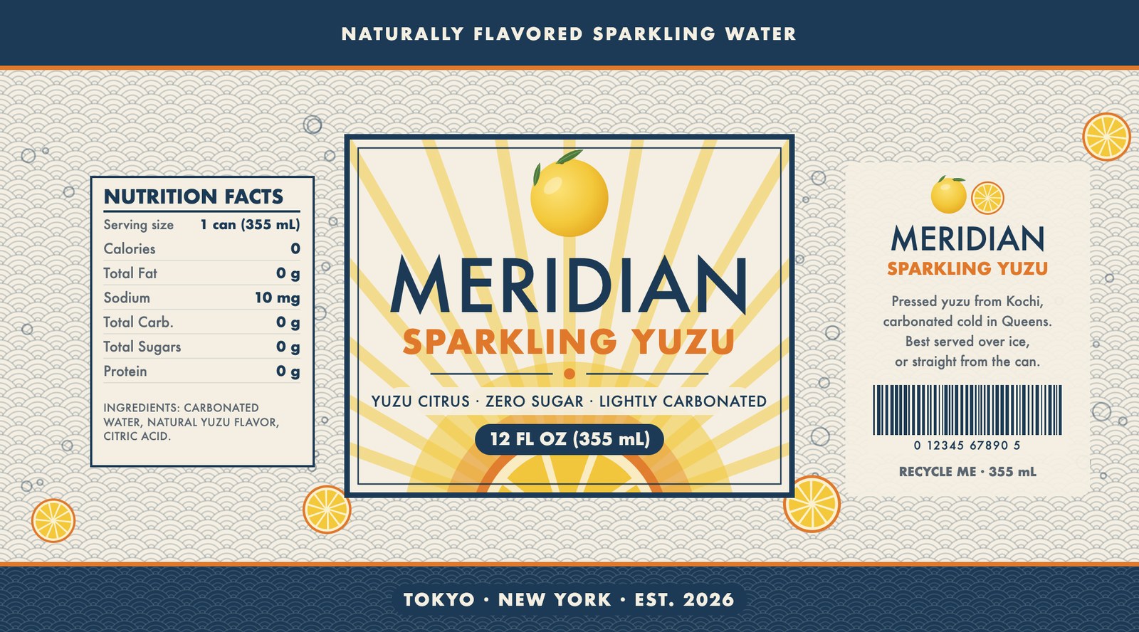 Meridian Sparkling Yuzu label artwork, English