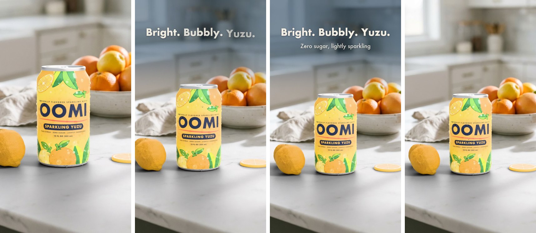 Four frames of one loop: the opening at 125 percent on the can, the headline arriving word by word, the subline under it, and the last frame at 100 percent