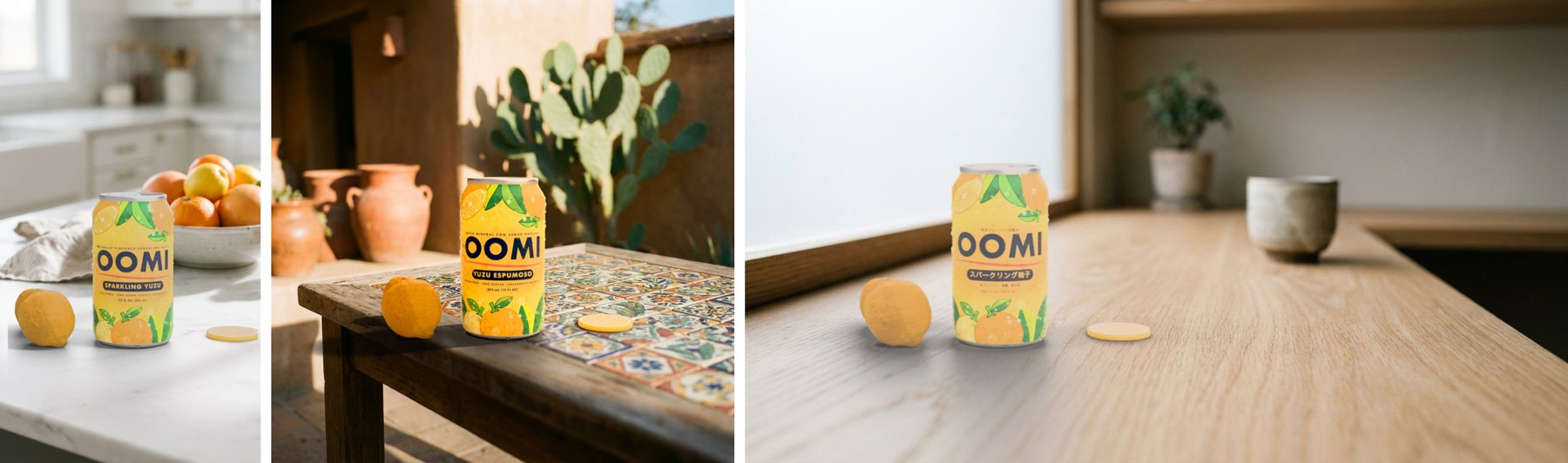 The OOMI yuzu can in three markets and three aspect ratios: a 9:16 story on a marble kitchen island with the English label, a 1:1 post on a tiled courtyard table with the Spanish label, a 16:9 banner on a pale oak cafe counter with the Japanese label