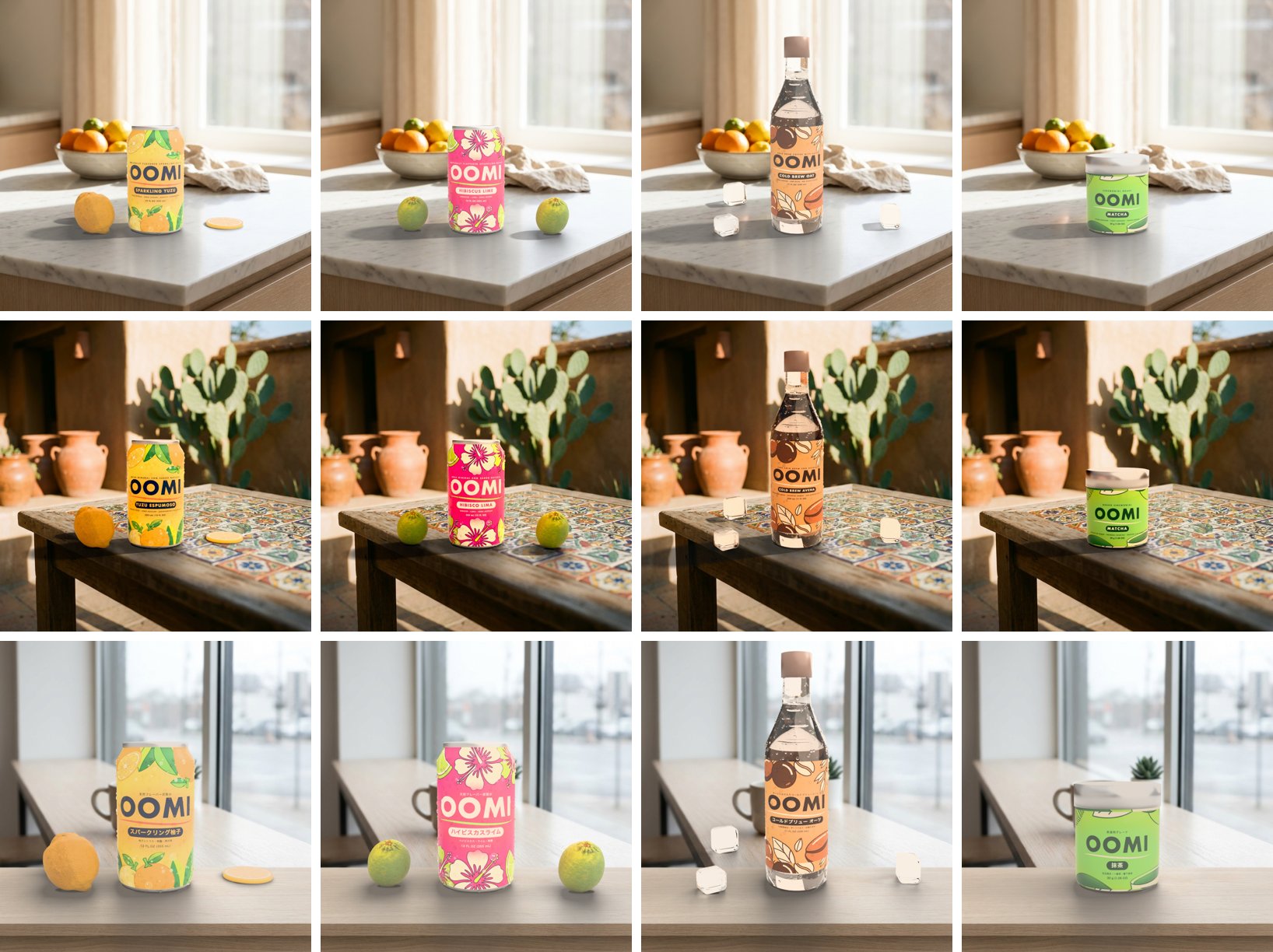 Twelve square renders: four OOMI products, a yuzu can, a hibiscus can, a cold brew bottle and a matcha tin, each on a marble kitchen island, a tiled courtyard table and a pale oak cafe counter