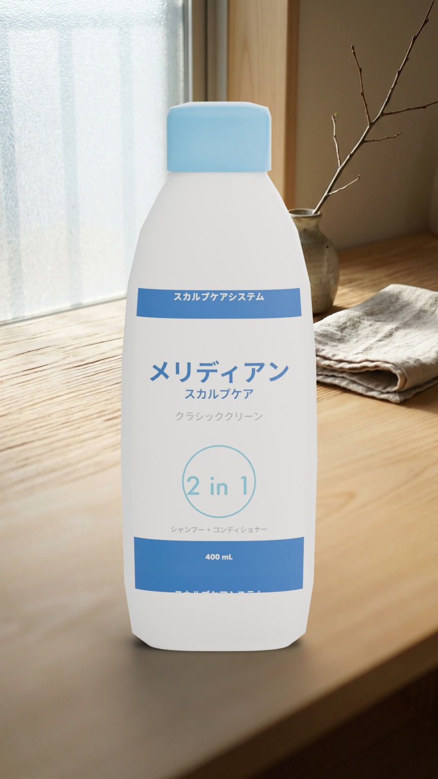 The Japanese Meridian Scalp Care bottle in a Tokyo bathroom, 9:16