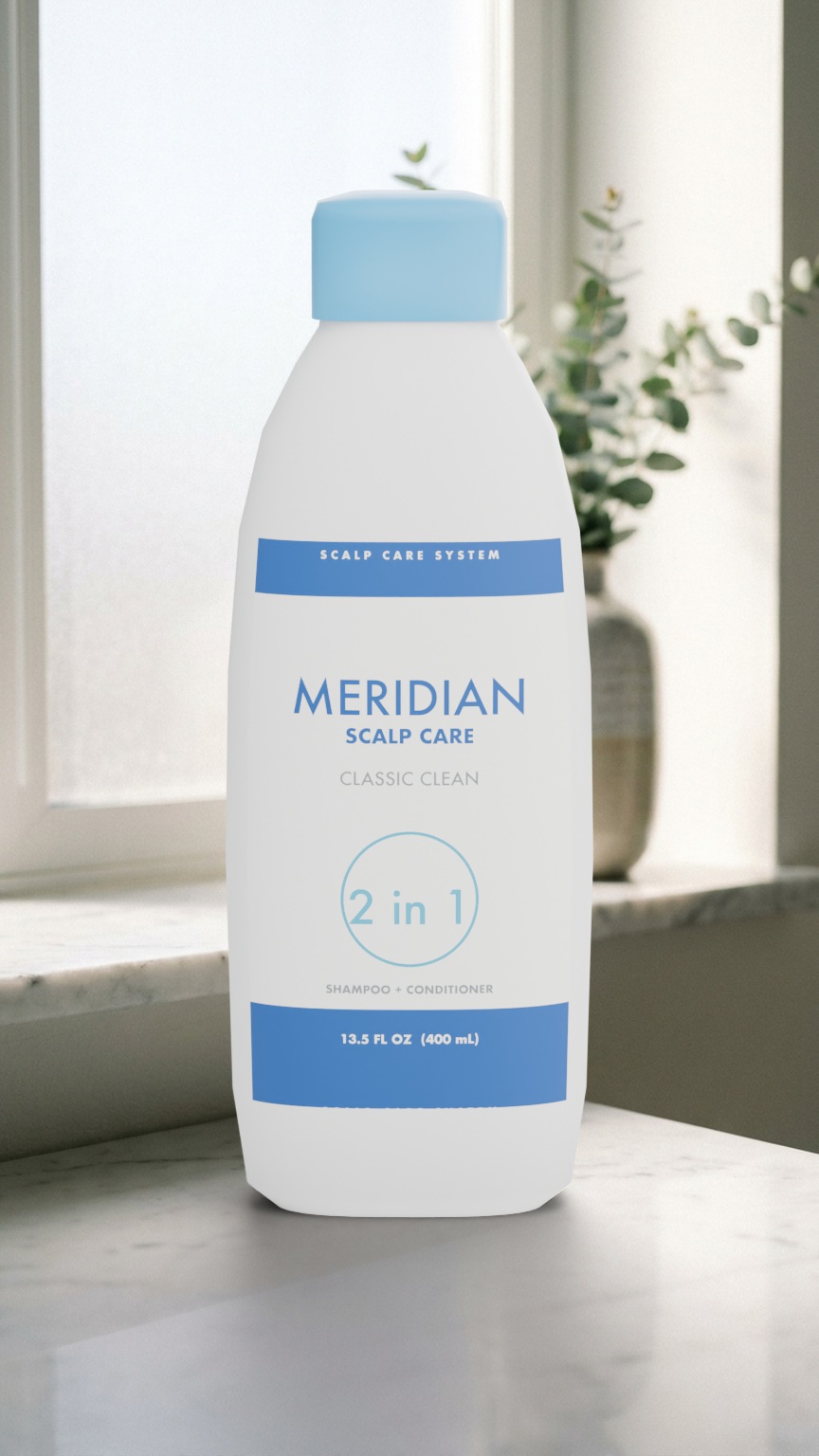 Meridian Scalp Care flat-oval bottle rendered on a bathroom shelf, 9:16