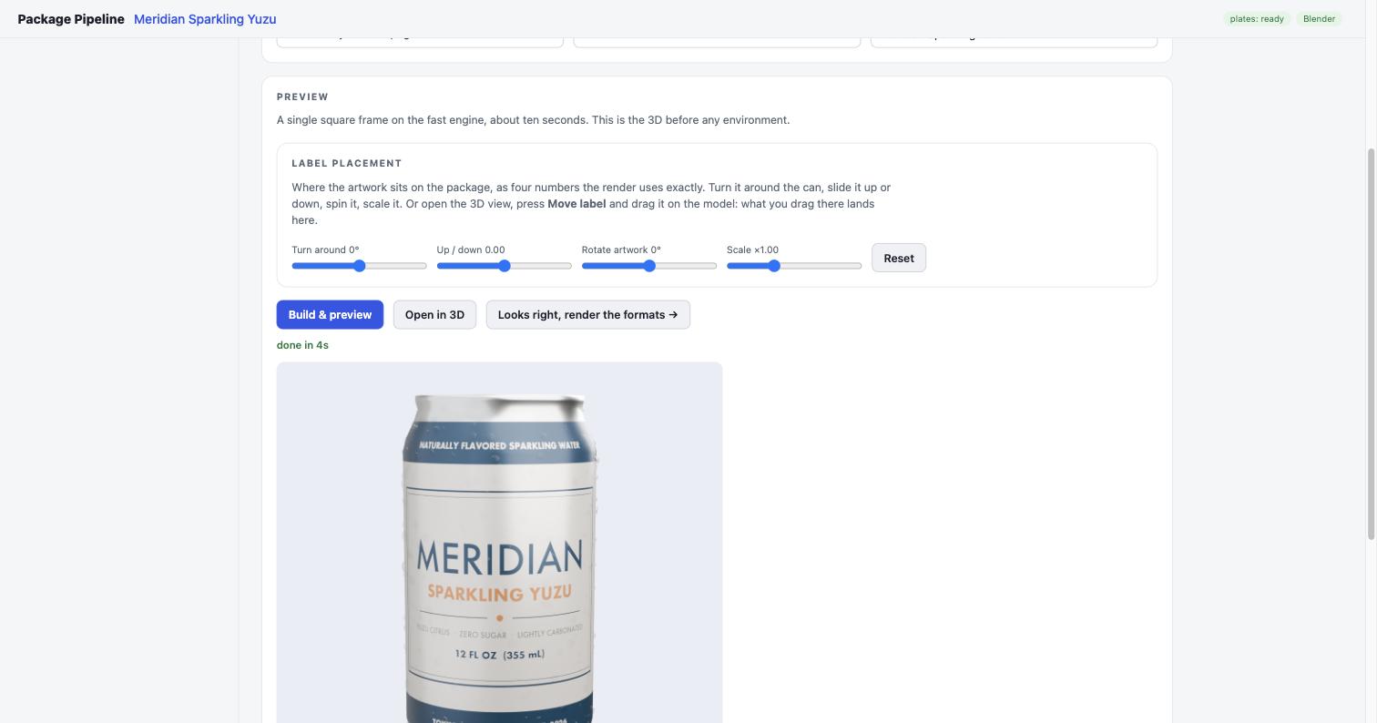 Build step with the label placement sliders and a preview render of the can