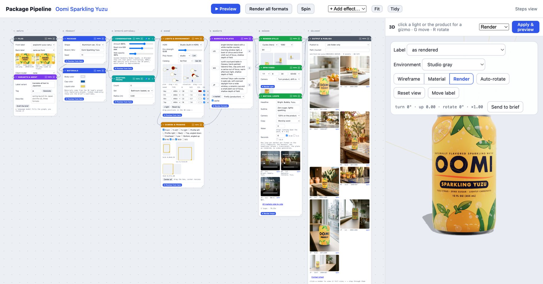 Graph view: the pipeline as seven columns of nodes from inputs to delivery, with a Motion: loops node, an Output node listing every render, and the 3D viewer beside it