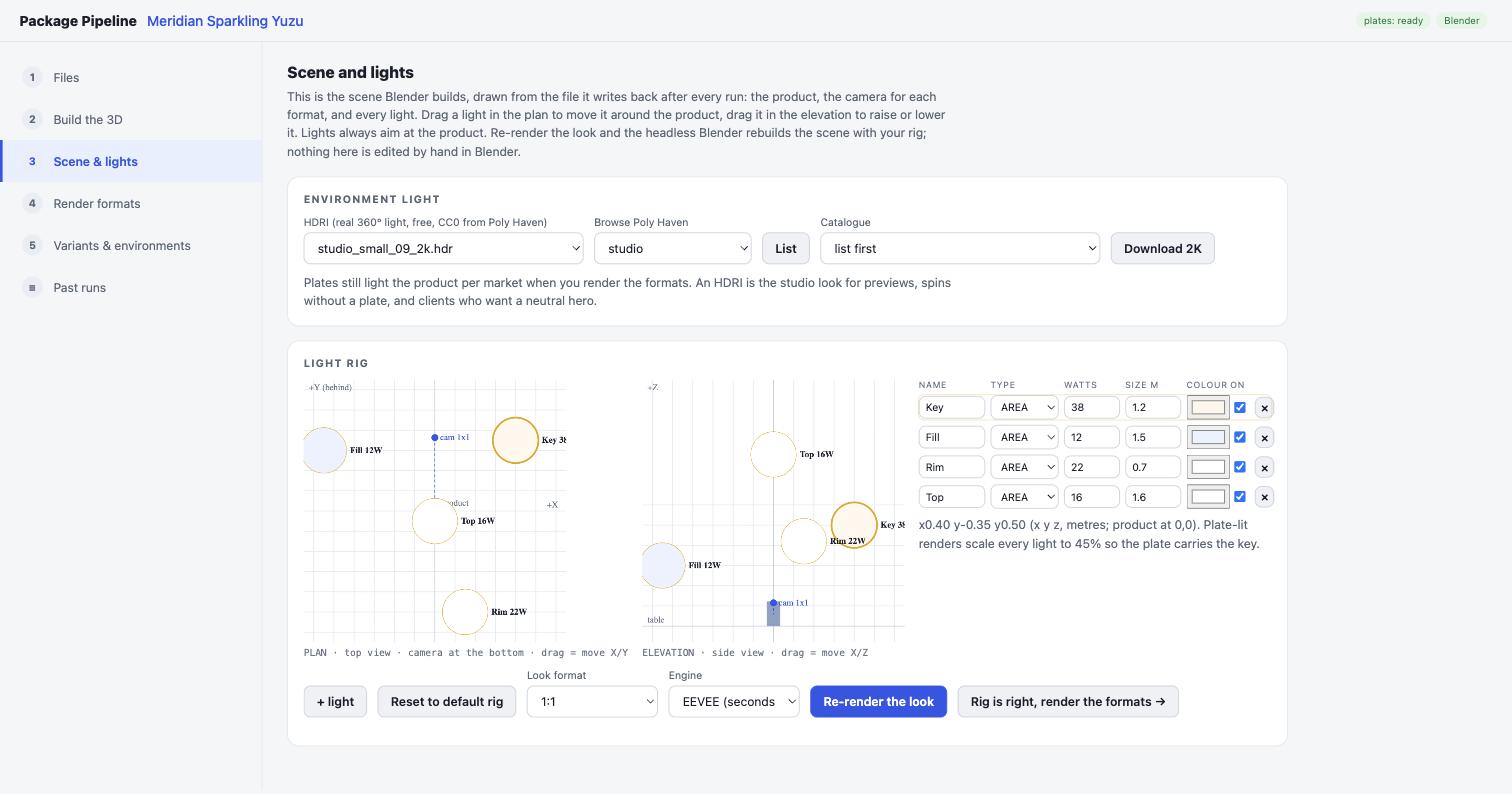 Scene and lights step: a plan and elevation of the light rig around the product, each light editable