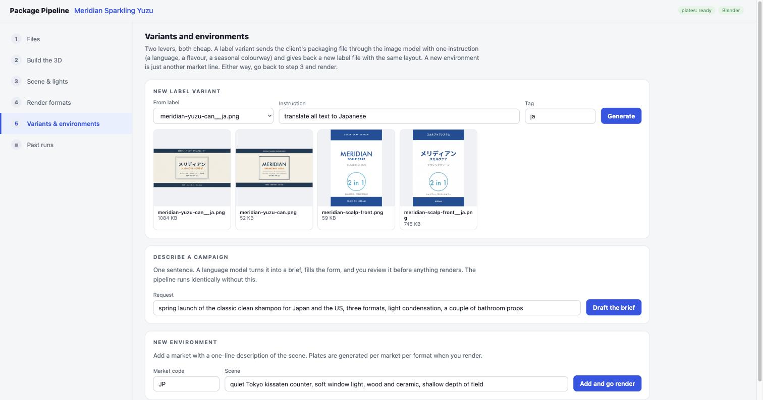 Variants step: a label file plus one instruction returning a localized label, and a new market added with one line