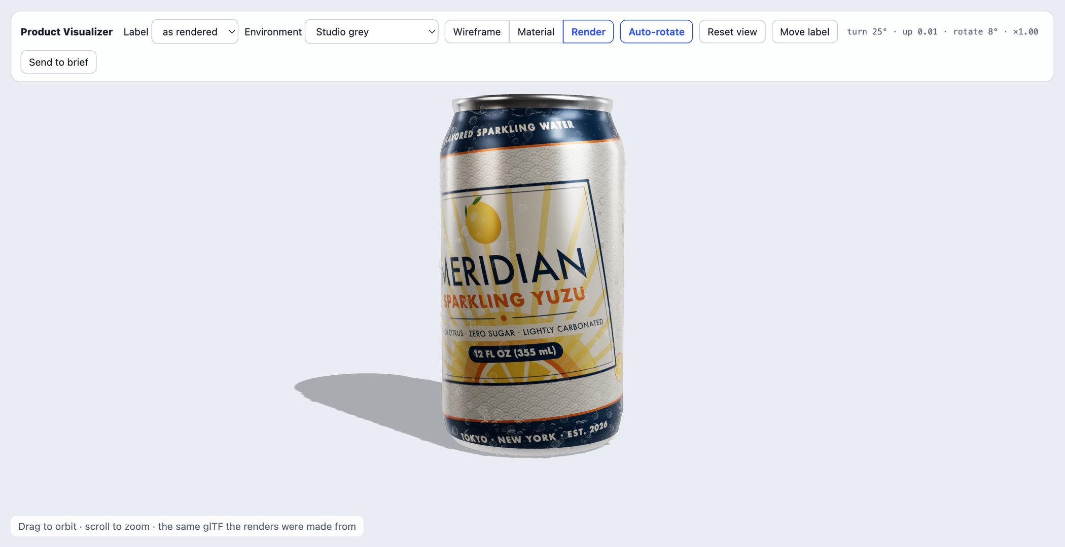 The 3D viewer with Move label active: the artwork dragged around the can, the placement read out as four numbers