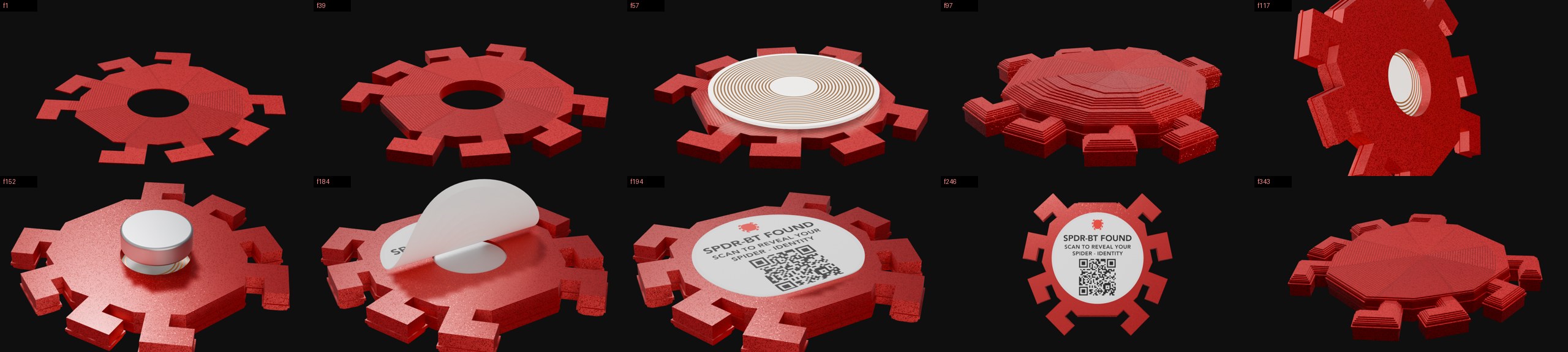 Contact sheet of the assembly loop: print, tag, flip, magnet, sticker, top-down hold
